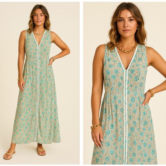 POUPETTE ST. BARTH Nana Long Maxi Dress Eyelet Embroidered Aqua Sz S {3X30} - Picture 1 of 7